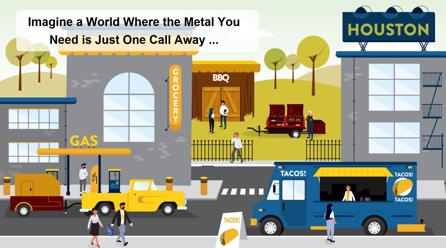 A scene with various buildings and vehicles built with metal