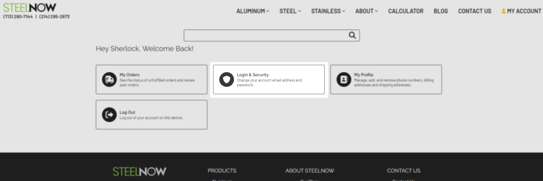 Login and security options on the account page on steelnow.com