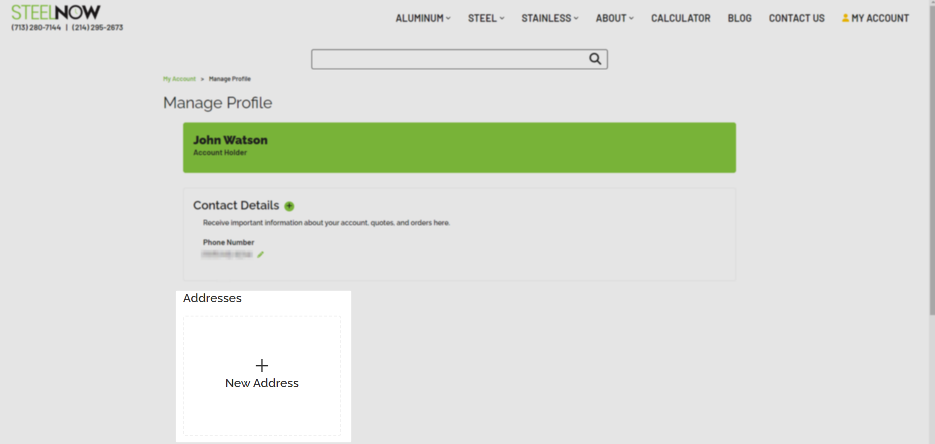 Where to add a new address to your account on steelnow.com