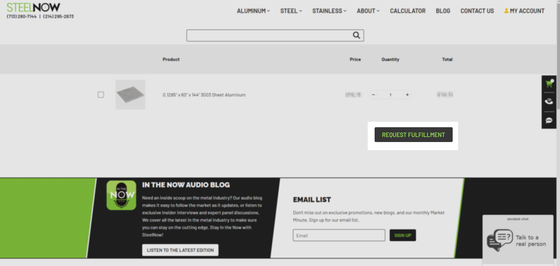 Requesting fulfillment button during checkout on steelnow.com